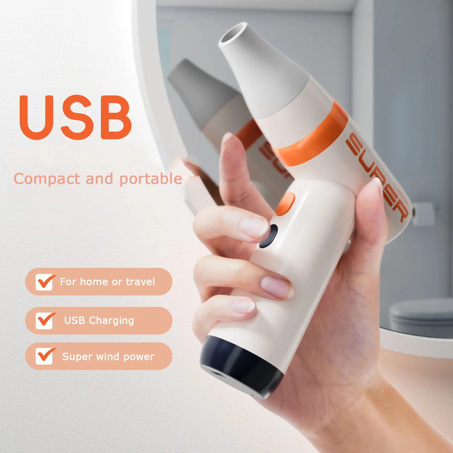 portable wireless handheld power fan mini hair dryer for travel with usb charging and foldable handle