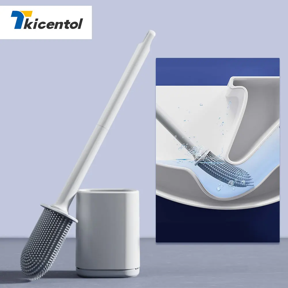 eco-friendly silicone toilet cleaning brush with holder flexible flat head soft bristles for bathroom use
