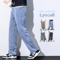 soft lyocell summer jeans for men elastic waist loose fit straight denim trousers plus size 5xl