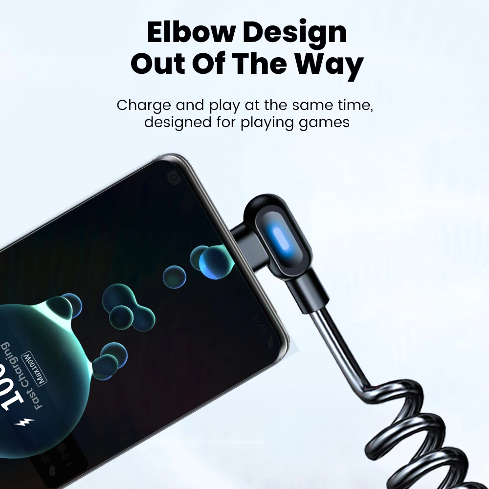 90 degree dual elbow type c fast charging cable for iphone and android with spring design - Image 7