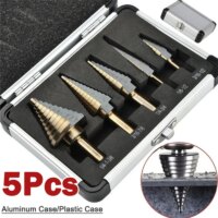 5 piece step drill bit set for wood drilling with multiple sizes and high carbon steel