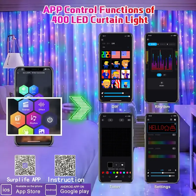 smart curtain lights 400 leds bluetooth app rgb fairy lights for window and bedroom decor - الصورة 3