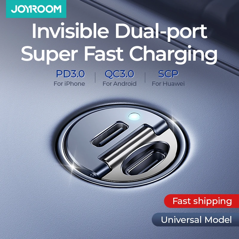 mini pull ring car charger with dual fast charging ports and 30w power delivery adapter