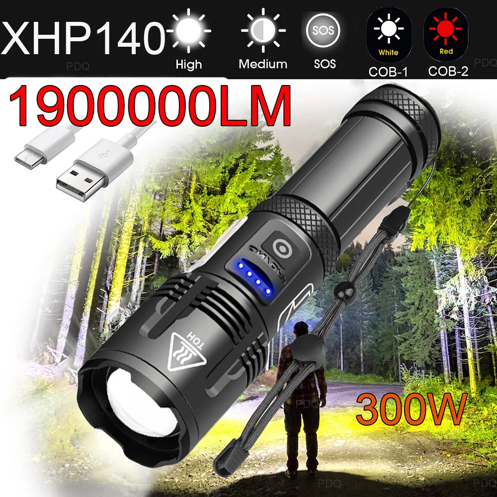 powerful 300w 19000lm rechargeable led flashlight with adjustable zoom for outdoor adventures