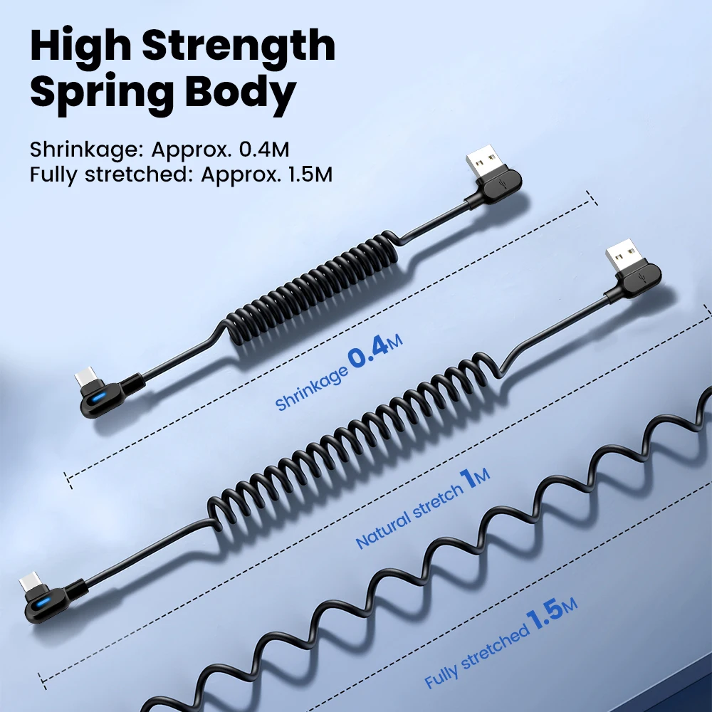 90 degree dual elbow type c fast charging cable for iphone and android with spring design - Image 3