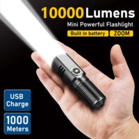 powerful 10000 lumens mini led flashlight rechargeable torch with three modes and zoom function