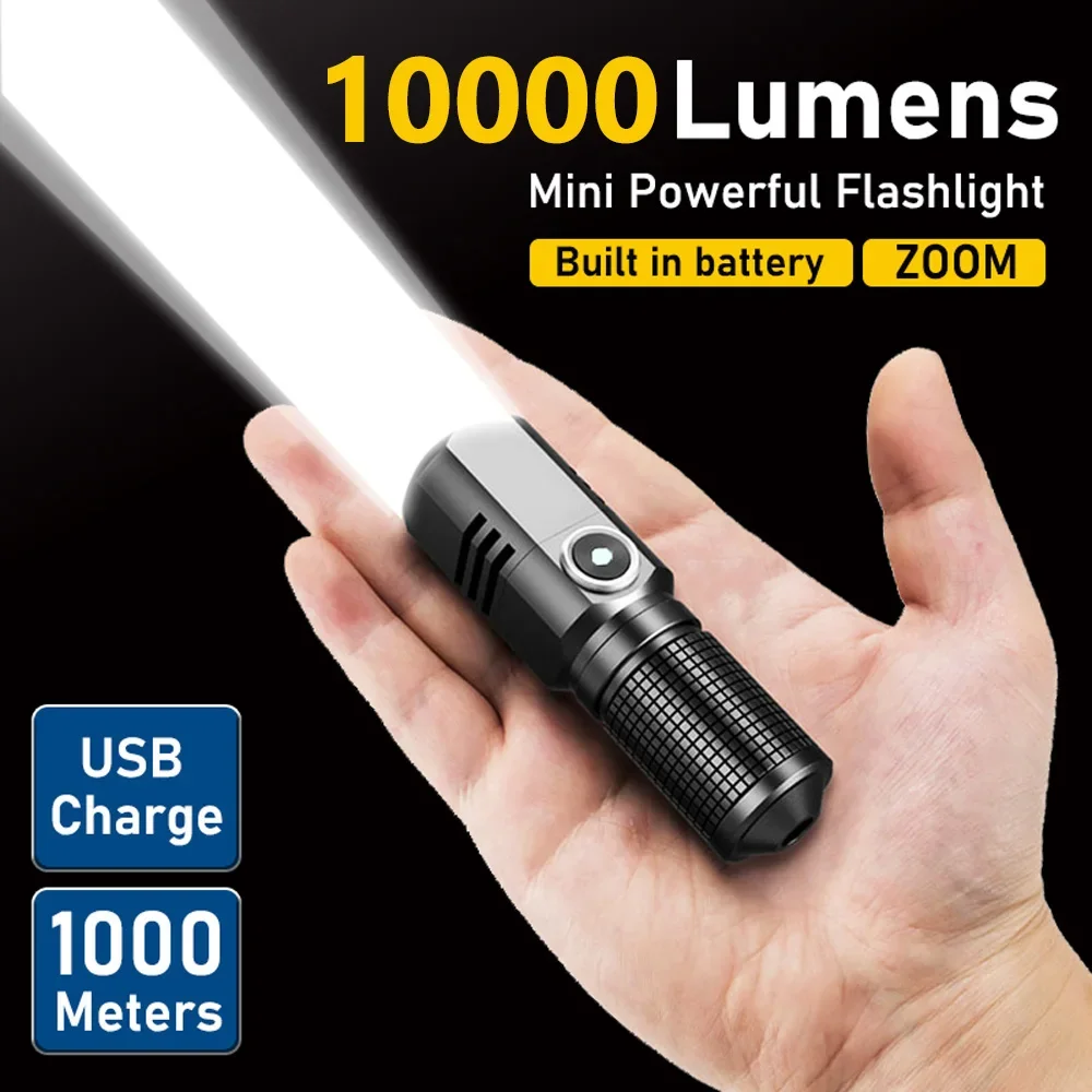 powerful 10000 lumens mini led flashlight rechargeable torch with three modes and zoom function