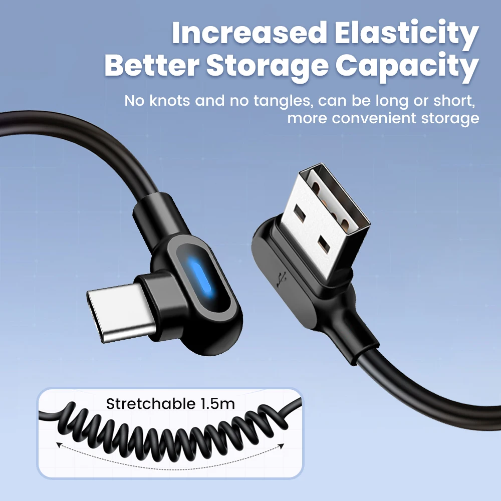 90 degree dual elbow type c fast charging cable for iphone and android with spring design - Image 4