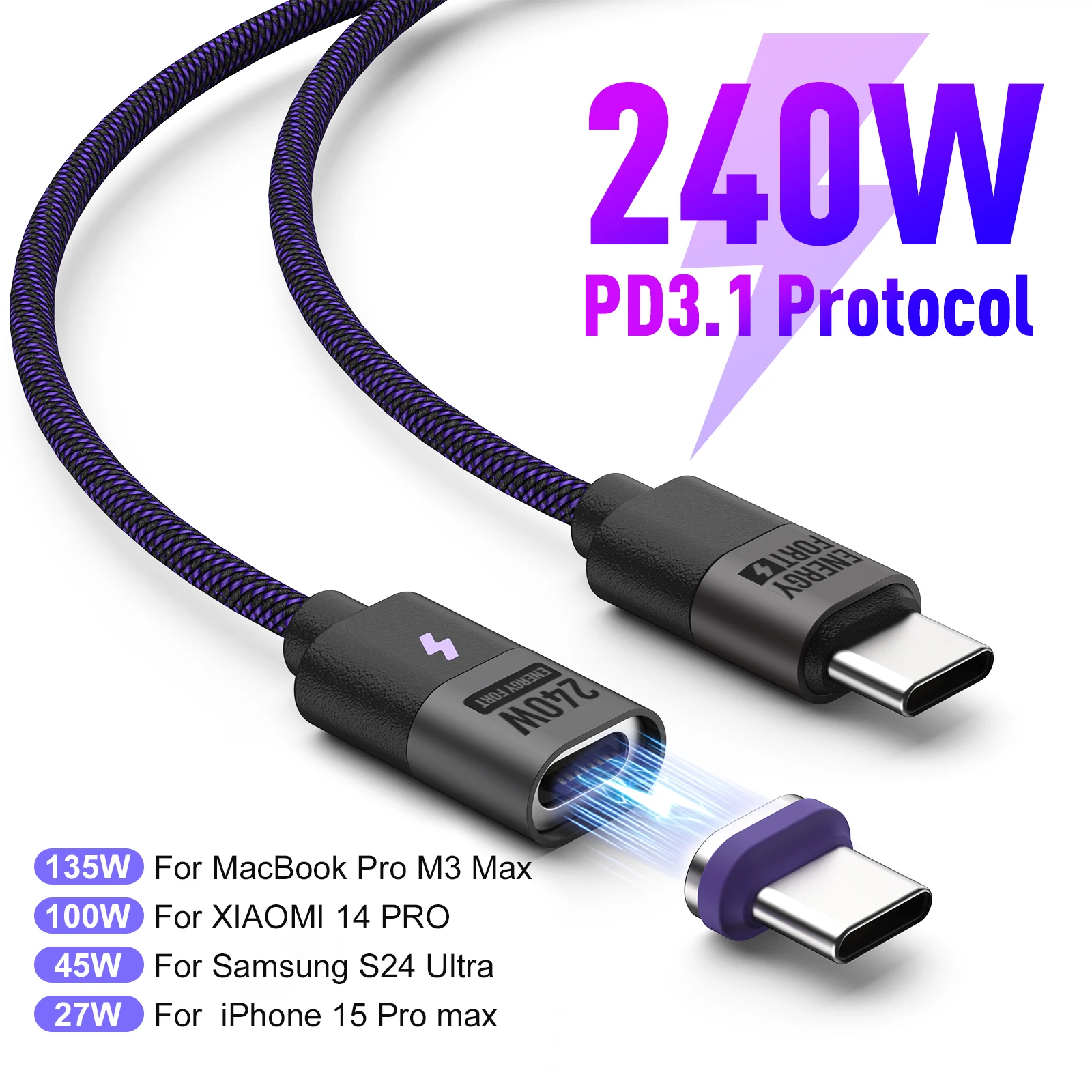 magnetic fast charging cable pd240w type c to usb c for xiaomi 14 pro iphone 15 pro 5a 1.8m