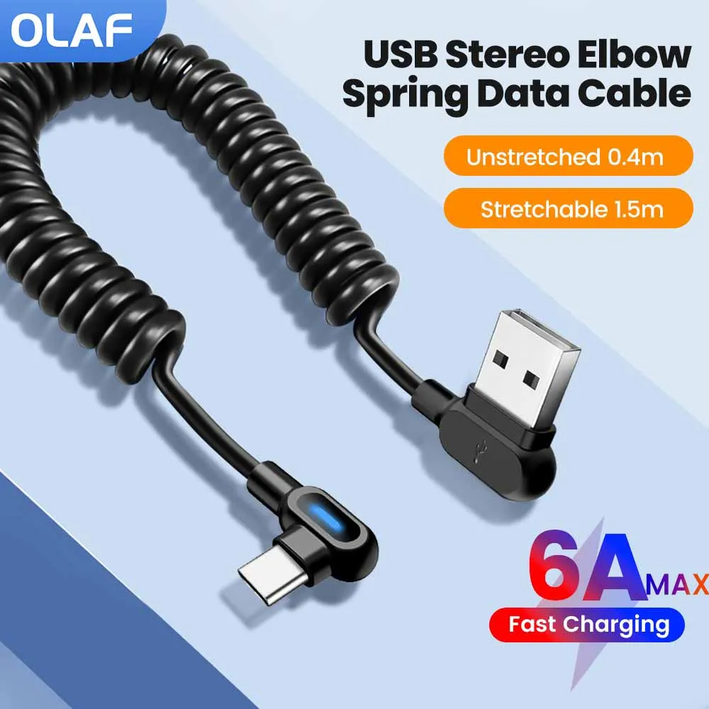 90 degree dual elbow type c fast charging cable for iphone and android with spring design