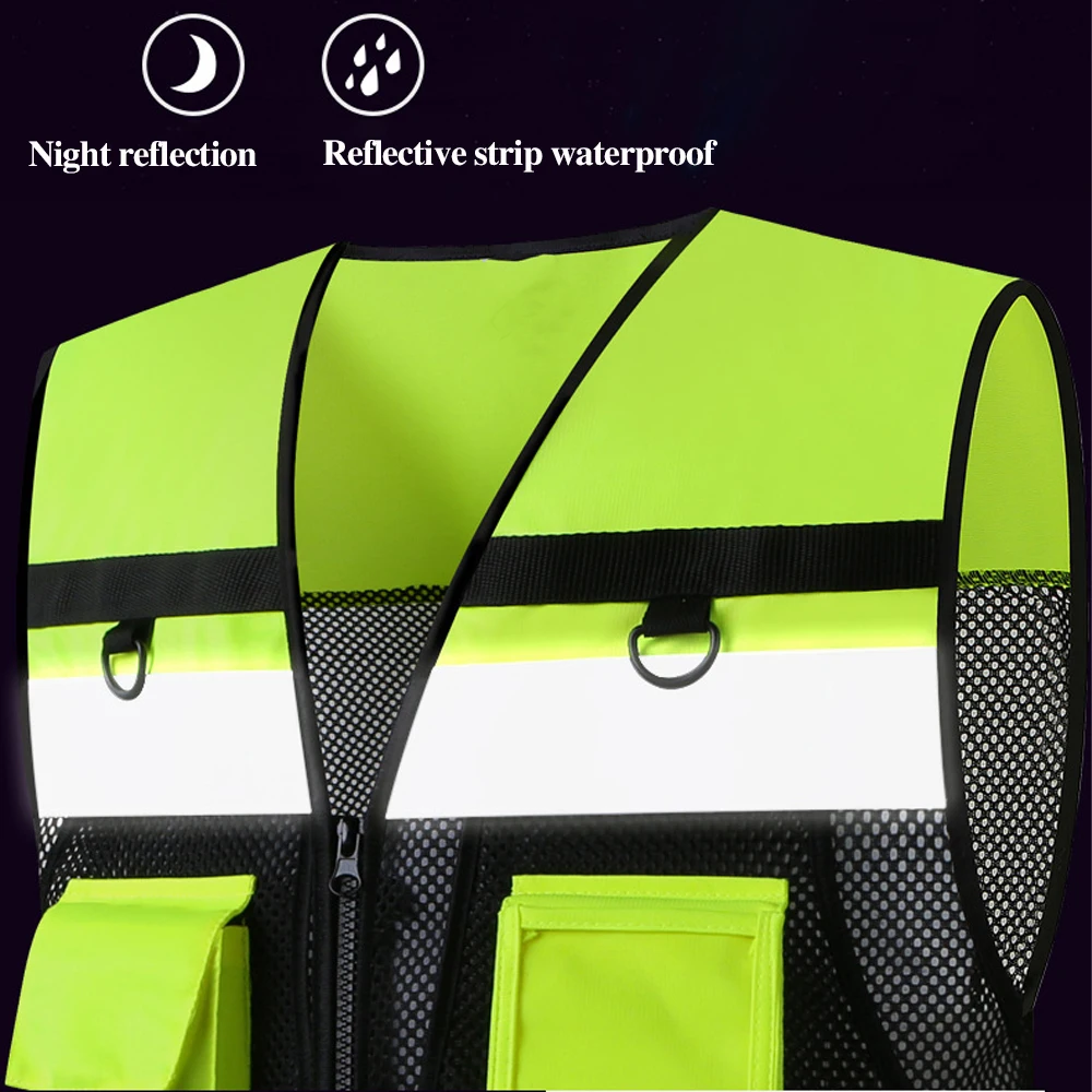 high visibility reflective safety vest for work night fishing and motorcycle riding multi-pocket design - Image 6