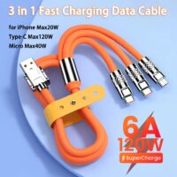 3 in 1 fast charging cable 120W with type c micro usb and lightning connectors for all smartphones