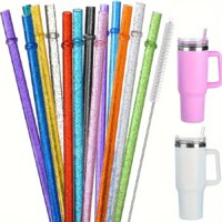 12 pack glitter reusable plastic drinking straws with cleaning brush for tumbler and parties