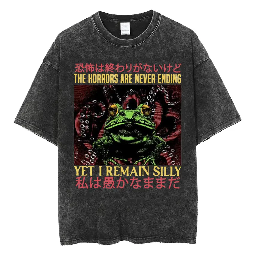 funny japanese frog t shirt for men oversized retro washed casual wear for all seasons - Image 3