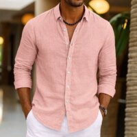 Aalo com Men's Linen Shirt Summer Beachwear Button Solid Color Cotton Linen Long Sleeve Shirt Vacation Men's Clothing Fast Shipping